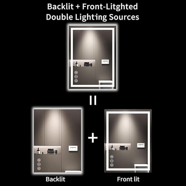 LOAAO 24X32 LED Bathroom Mirror with Lights, Anti-Fog, Dimmable, Backlit + Front Lit, Lighted Bathroom Vanity Mirror for Wall, Memory Function, Tempered Glass, Shatter-Proof, ETL Listed - Image 2