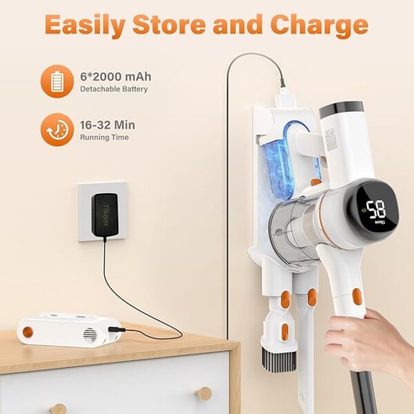 Tikom Cordless Vacuum Cleaner for Home, 40000Pa/450W Stick Vacuum with LED Touch Screen, Charging Wall Dock, Anti-Tangle, Lightweight Handheld Vacuum for Pet Hair, Hard Floor, Carpet (V500) - Image 7