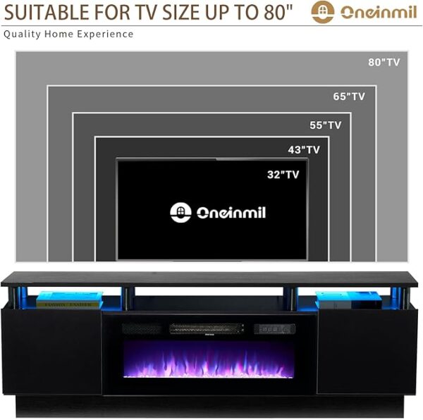 oneinmil 70" Modern Electric Fireplace TV Stand for TVs Up to 80 inch, with Electronic Flame and LED Lights, Luxury High Gloss Finish Entertainment Center, TV Console Cabinet for Living Room, Black - Image 2