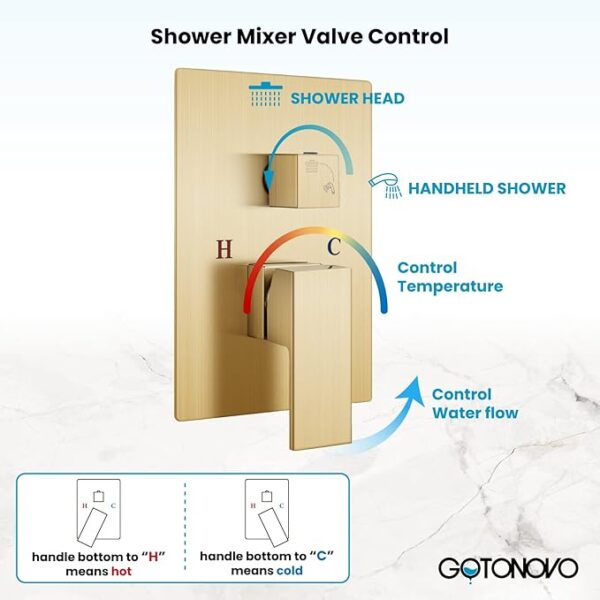 gotonovo Rainfall Bathroom Shower System Rain Shower Head and Handle Set Wall Mounted Shower Complete Combo Solid Brass Pressure Balancing Shower Mixer Valve 12 Inch Brushed Gold - Image 5