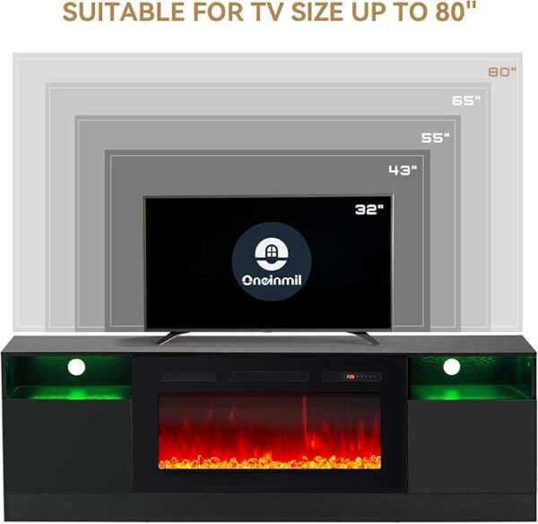 oneinmil Fireplace TV Stand with 36" Electric Fireplace, LED Light Entertainment Center, Modern Wood Texture Entertainment Stand with Highlight Storage Cabinet for TVs Up to 80", 70 inches, Black - Image 6