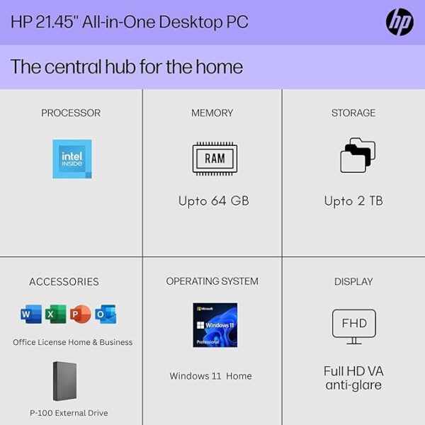 HP 22" All-in-One Desktop PC • The New Version and Look • 12 Month Microsoft Office • 40GB RAM • 1TB Storage (512GB SSD and 512GB External) • FHD Display • Intel Celeron Processor • Windows 11 Home - Image 2