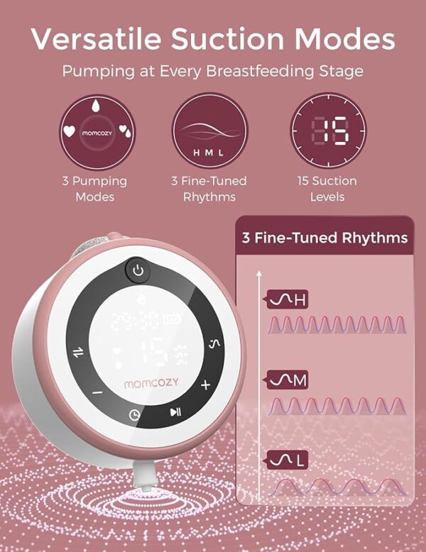 Momcozy Breast Pump V1 Pro Hospital-Grade, Upgraded Electric Pump with 3 Fine-Tuned Rhythms, Hands-Free & Portable Wearable Pump, 3 Modes|15 Levels, Come with Leak-Proof DoubleFit Flange - Image 4