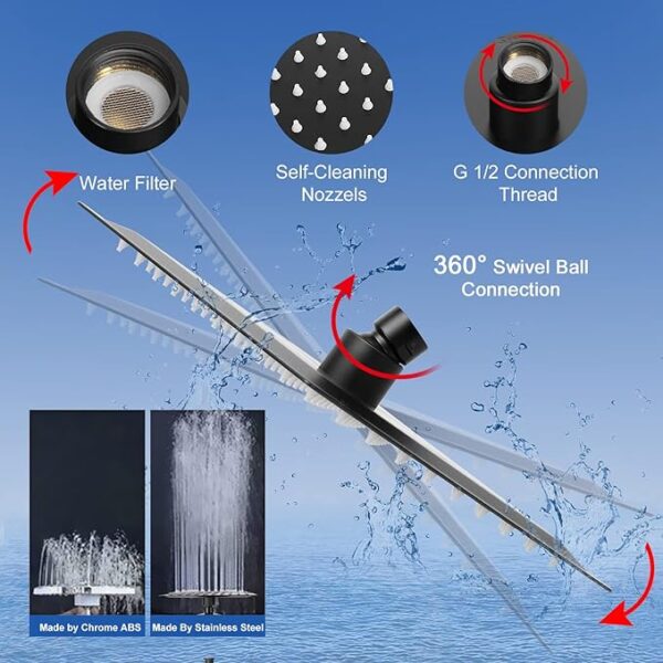 NearMoon Filtered Rain Shower Head, High Pressure 8″Square, and 5 settings Handheld Shower Filter Combo with Self-adhesive Holder/1.5M Hose -1 Replaceable Filter Cartridge (Matte Black) - Image 4
