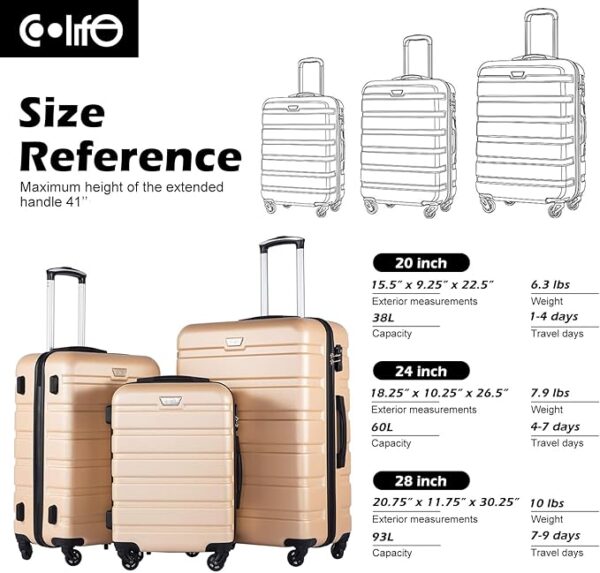 Coolife Luggage 3 Piece Set Suitcase Spinner Hardshell Lightweight TSA Lock (champagne new, 3 piece set(20in24in28in) - Image 5