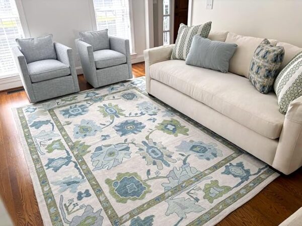 Green Oushak Rug, Modern, Vintage, Turkish, Eclectic, Floral, Pastel, Washable, Large Area Rugs for Living Room, Dining, Bedroom, Girls, Boys, 7'5"x9'8" - Image 3