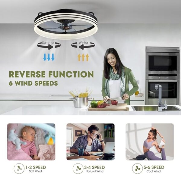 Ceiling Fans with Lights, Flush Mount Ceiling Fan with Lights and Remote, 6 Wind Speeds Smart Low Profile Ceiling Fan for Bedroom, Kids Room and Living Room 20" (Black) - Image 4