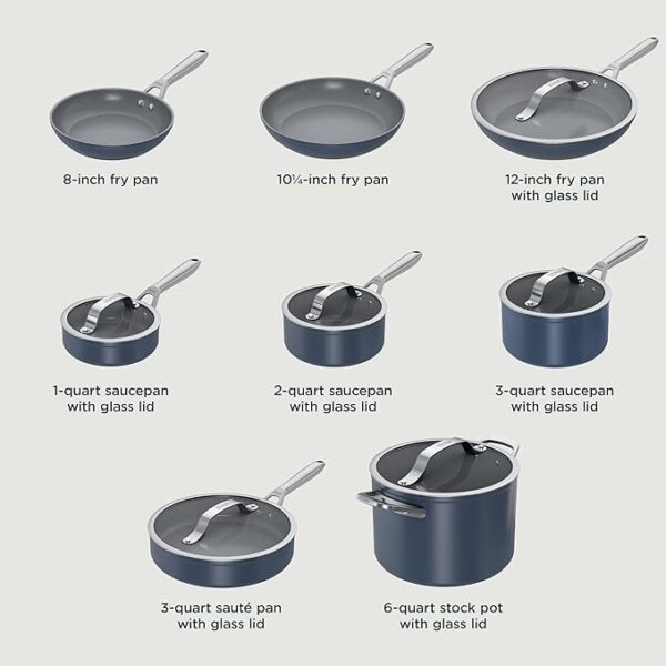 Ninja NeverStick Ceramic Pro 14-Piece Cookware Set, Non-Stick Pots & Pans Set with Glass Lids, Ceramic Coated, Stainless Steel, Stove to Oven Safe, All Stovetops & Induction Compatible, Blue CW39014MM - Image 2