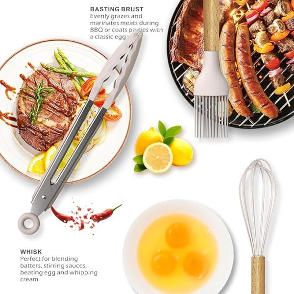 Silicone Cooking Utensils Set - 446°F Heat Resistant Silicone Kitchen Utensils for Cooking,Kitchen Utensil Spatula Set w Wooden Handles and Holder, BPA FREE Gadgets for Non-Stick Cookware (Khaki) - Image 6