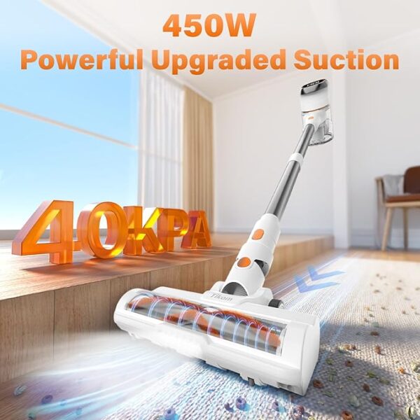 Tikom Cordless Vacuum Cleaner for Home, 40000Pa/450W Stick Vacuum with LED Touch Screen, Charging Wall Dock, Anti-Tangle, Lightweight Handheld Vacuum for Pet Hair, Hard Floor, Carpet (V500) - Image 2