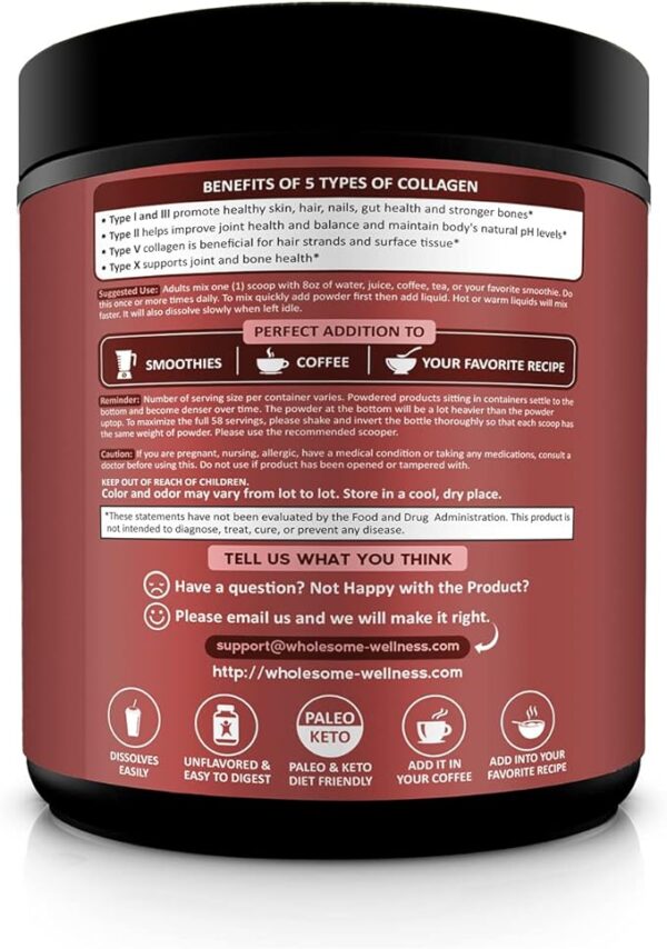 Multi Collagen Protein Powder Hydrolyzed (Type I II III V X) Grass-Fed All-in-One Super Bone Broth + Collagen Peptides - Premium Blend of Beef, Chicken, Wild Fish, Eggshell, 58 Servings, Unflavoured - Image 2