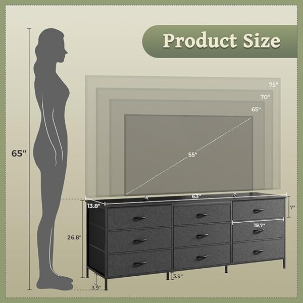 Huuger 63 Inch Dresser for Bedroom, Dresser for Closet with 9 Drawers, Large TV Stand for 55, 65, 70 Inch TV, Entertainment Center with Storage, Wide Long Dresser, Black - Image 2
