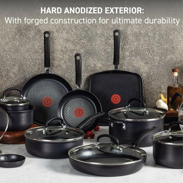 T-fal Ultimate Hard Anodized Nonstick Cookware Set 17 Piece, Oven Broiler Safe 400F, Lid Safe 350F, Kitchen Cooking Set w/ Fry Pans, Saucepans, Saute Pan, Griddle, Pots and Pans, Dishwasher Safe Black - Image 6