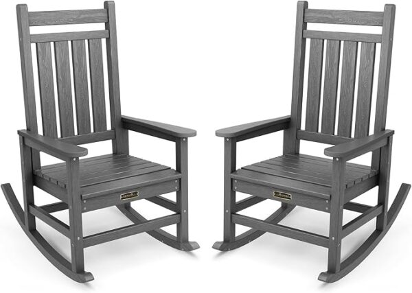 SERWALL Outdoor Rocking Chair Set of 2, HDPE Rocking Chairs for Adult, All Weather Porch Rockers for Lawn Garden, Grey
