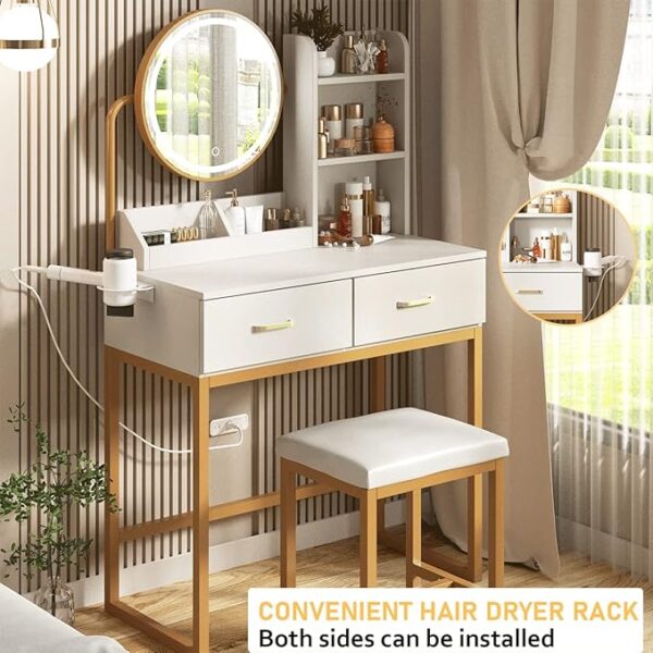Makeup Vanity Desk with Round Mirror and Lights, White Vanity Makeup Table, Small Vanity Table for Bedroom with Lots Storage, 3 Lighting Modes, 31.5in(L) - Image 4