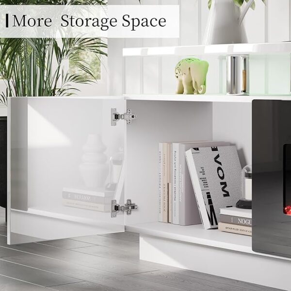 AMERLIFE Fireplace TV Stand with 40" Fireplace, 80" Modern High Gloss Fireplace Entertainment Center LED Lights, 2 Tier TV Console Cabinet for TVs Up to 90", Ivory White - Image 2