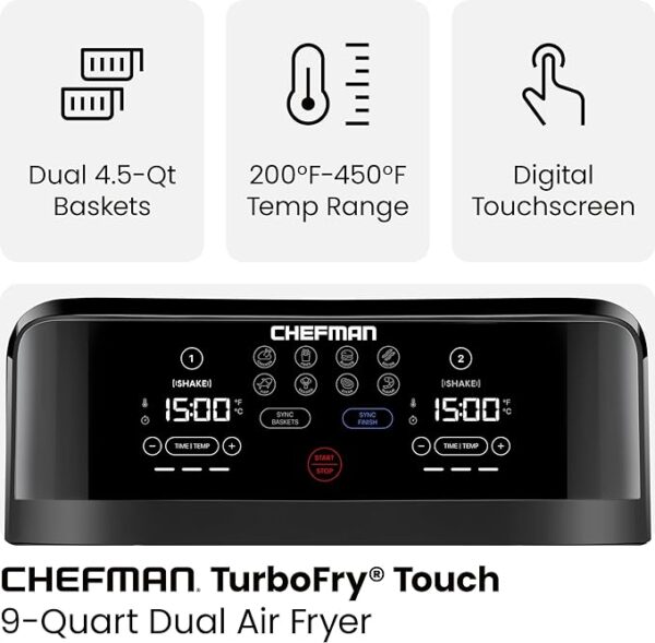 Chefman TurboFry Touch Dual Air Fryer, Maximize The Healthiest Meals With Double Basket Capacity, One-Touch Digital Controls And Shake Reminder For The Perfect Crispy And Low-Calorie Finish - Image 2