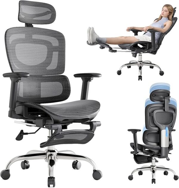 Ergonomic Office Chair, Breathable Mesh with Adaptive Lumbar Support, 3D Headrest, Armrests, Retractable Footrest, and a Six-Position Adjustable Backrest, Black