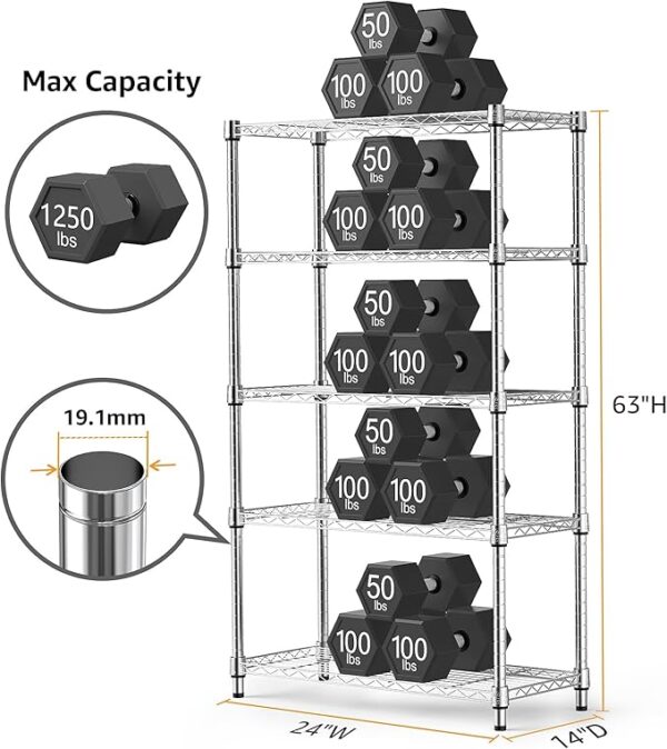 MZG 1250 lbs Steel Heavy Duty 5-Tier Utility Shelving Unit Steel Organizer Wire Rack for Home,Kitchen,Office,Chrome (13.7" D x 23.6" W x 62.4" H) - Image 6