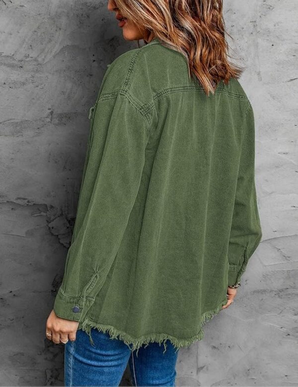 Vetinee Women’s Oversized Button Up Frayed Hem Shacket Long Sleeve Pockets Denim Jean Jacket - Image 6