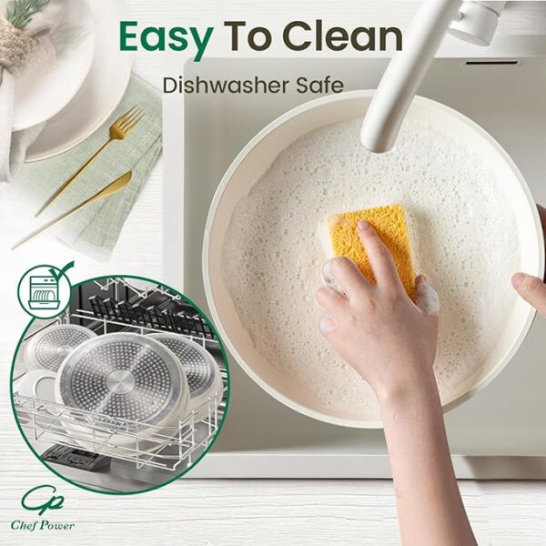 Ceramic Cookware Set Non Toxic with Detachable Handles, Healthy Nonstick Pans and Pots Set 19 Pcs, Induction Dishwasher Oven Safe Kitchen Set, PFAS PFOA & PTFE Free, Cream White - Image 6