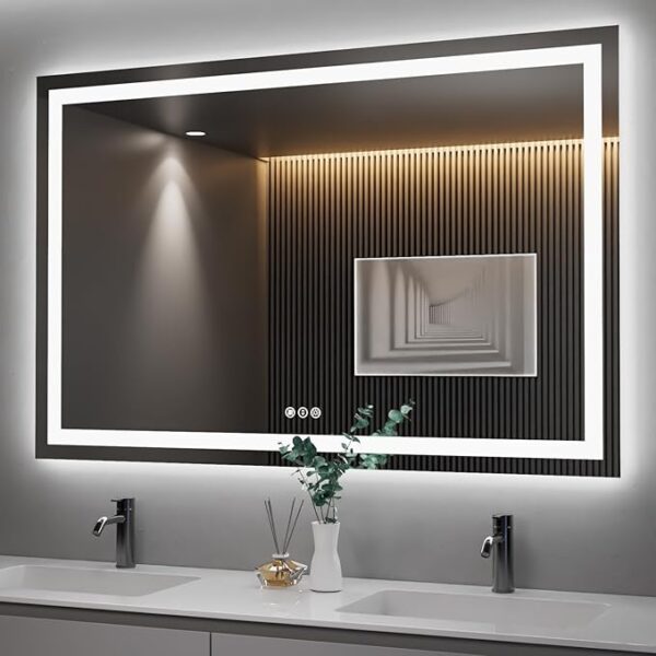 Amorho LED Bathroom Mirror 55''x 36'' with Front and Backlight, Large Dimmable Wall Mirrors with Anti-Fog, Shatter-Proof, Memory, 3 Colors, Double LED Vanity Mirror