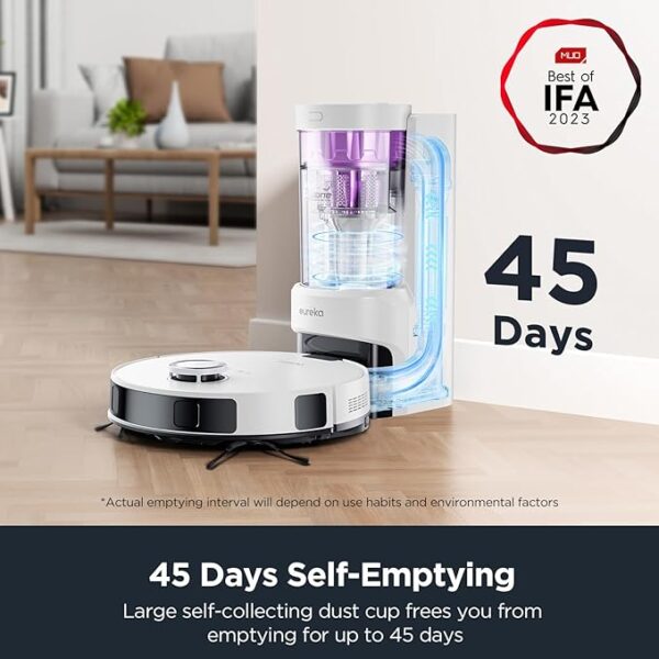 Eureka E10s Robot Vacuum with Bagless Self Emptying Station, Robotic Vacuum and Mop Combo, 45-Day Capacity, 4000Pa Suction for Pet Hair, Carpet&Floor, Auto Lifting Mop, App Control, White - Image 6