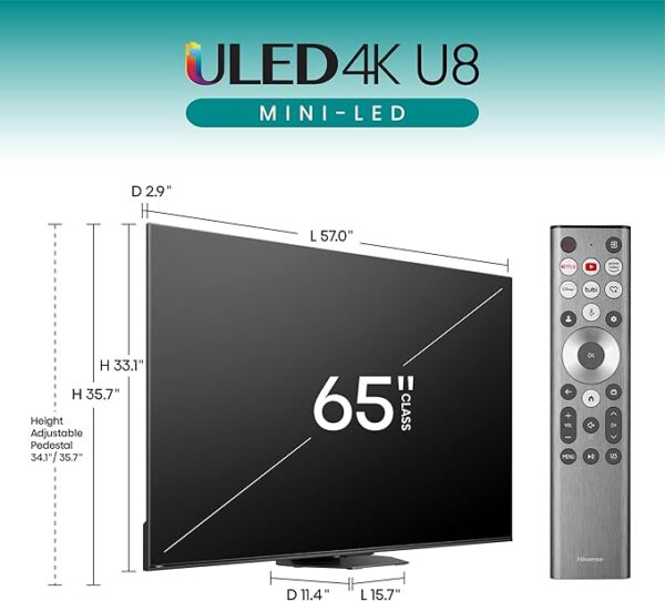 Hisense U8 Series 65U8N 65-Inch ULED 4K Smart TV | Mini-LED Pro | QLED | 3000 Nits | 144Hz | Motion Rate 480 | Dolby Vision IQ · Atmos | Full Array Local Dimming | 2.1.2 Ch Surround Sound | Google TV - Image 6