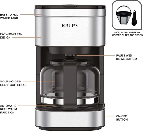 KRUPS Simply Brew Compact 5 Cup Coffee Maker: Stainless Steel Design, Pause & Brew Function, Keep Warm Feature, Reusable Filter, and Drip-Free Carafe for Effortless Morning Brew and Easy Cleaning - Image 2