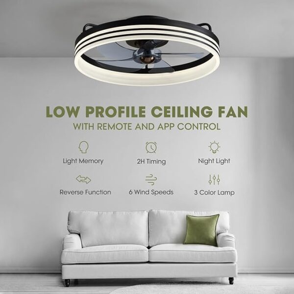 Ceiling Fans with Lights, Flush Mount Ceiling Fan with Lights and Remote, 6 Wind Speeds Smart Low Profile Ceiling Fan for Bedroom, Kids Room and Living Room 20" (Black) - Image 6