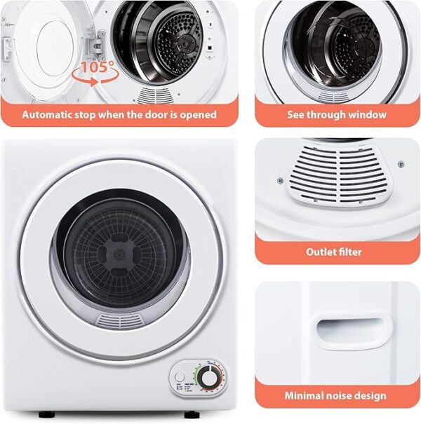 Euhomy 110V Portable Clothes Dryer 850W Compact Laundry Dryers 1.5 cu.ft Front Load Stainless Steel Electric Dryers Machine with Stainless Steel Tub for Apartment,RVs,Dorms,White Easy Control - Image 3