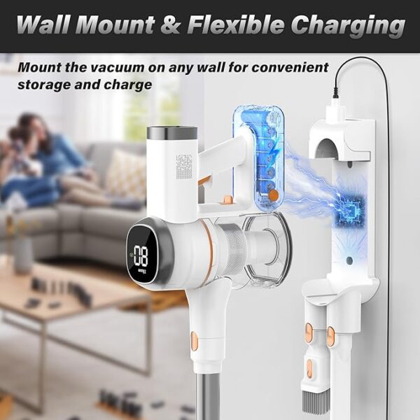 Tikom V500 Cordless Vacuum Cleaner for Home, 40000Pa/450W Stick Vacuum with LED Touch Screen, Charging Wall Dock, Anti-Tangle, Lightweight Handheld Vacuum for Pet Hair, Hard Floor, Carpet - Image 7