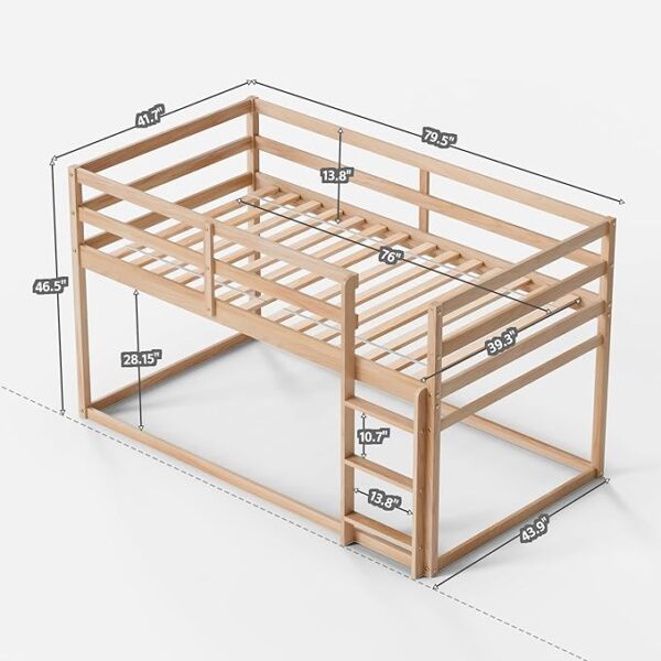 Low Bunk Bed Twin Over Twin, Floor Bunk Bed with Ladder, Twin Bunk Bed with Full Guardrails, Wooden Bunk Bed for Juniors, Boys, Girls, Kids, Bedrooms (Natural) - Image 7