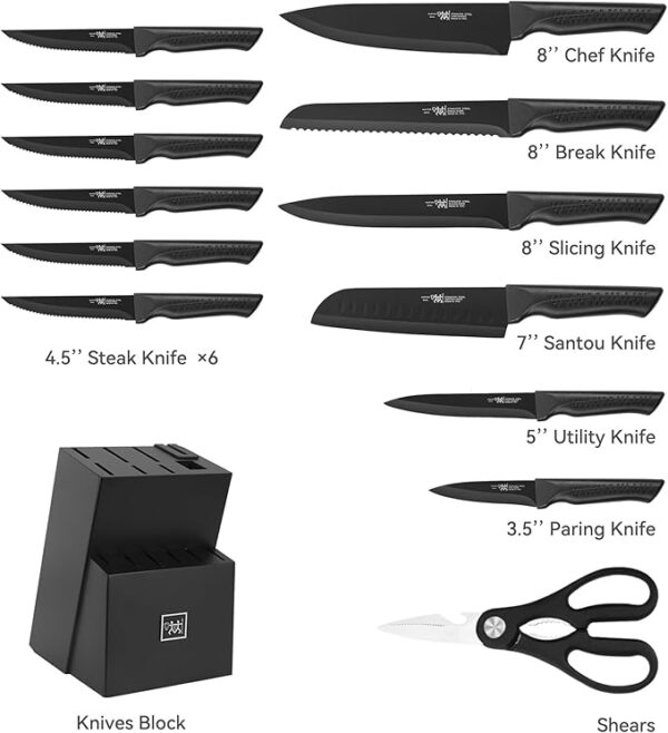 Knife Set, 15 Pcs Kitchen Knife Set with Block Self Sharpening, Dishwasher Safe, 6 Steak Knives, Anti-slip handle, Black - Image 6
