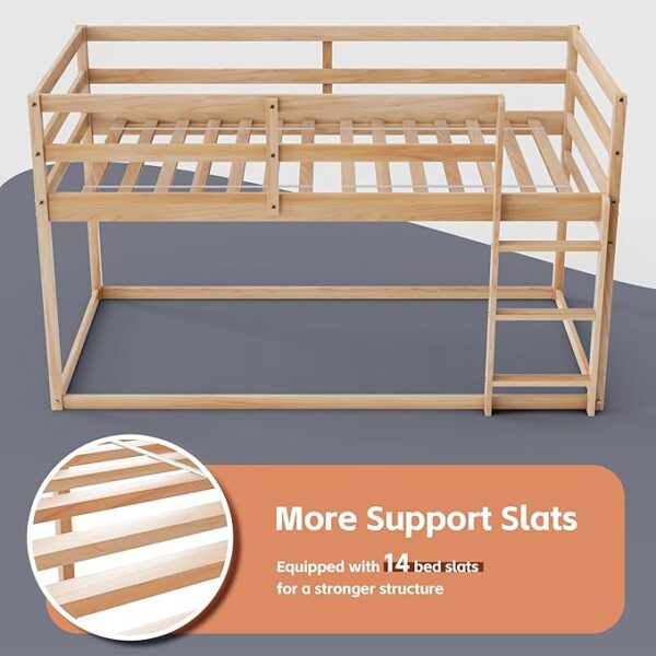 Low Bunk Bed Twin Over Twin, Floor Bunk Bed with Ladder, Twin Bunk Bed with Full Guardrails, Wooden Bunk Bed for Juniors, Boys, Girls, Kids, Bedrooms (Natural) - Image 6