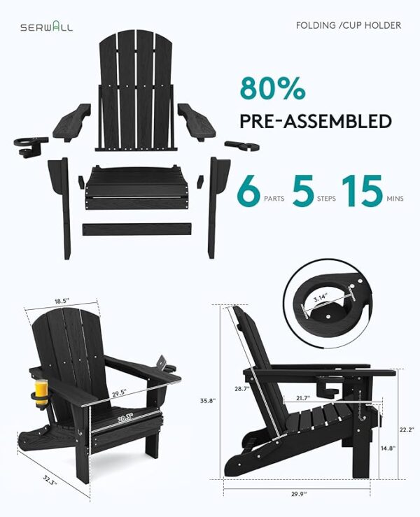 SERWALL HDPE Folding Adirondack Chair with Dual Cup Holder - Composite Adirondack Chair Set of 2- Black - Image 6