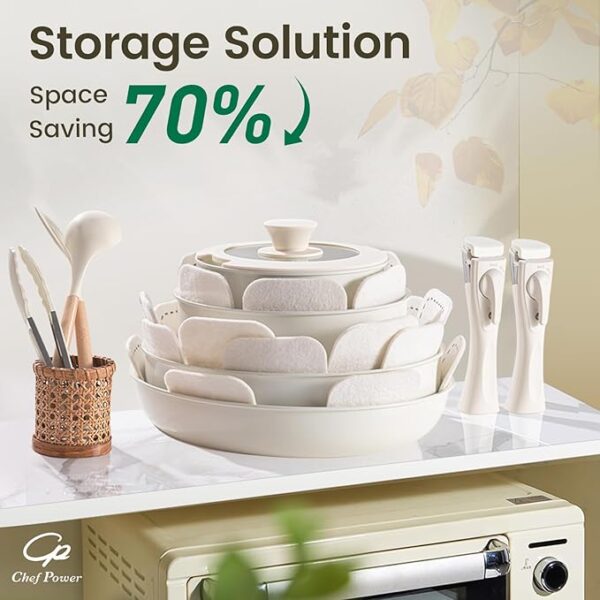 Ceramic Cookware Set Non Toxic with Detachable Handles, Healthy Nonstick Pans and Pots Set 19 Pcs, Induction Dishwasher Oven Safe Kitchen Set, PFAS PFOA & PTFE Free, Cream White - Image 2