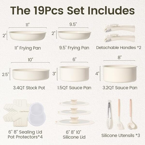 Ceramic Cookware Set Non Toxic with Detachable Handles, Healthy Nonstick Pans and Pots Set 19 Pcs, Induction Dishwasher Oven Safe Kitchen Set, PFAS PFOA & PTFE Free, Cream White - Image 3