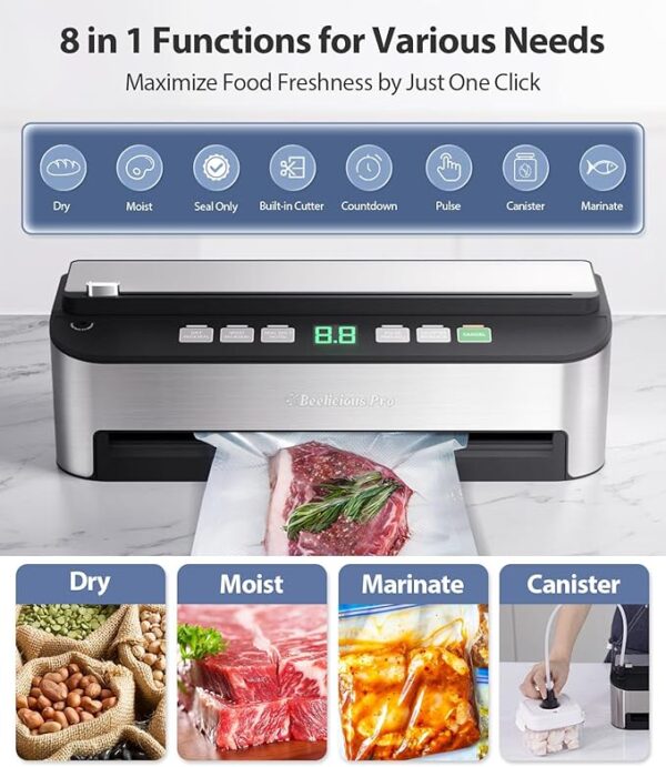 Vacuum Sealer Machine, Beelicious 85KPA Fully Automatic 8-IN-1 Food Sealer with Bags Storage, Build-in Cutter, Moist Mode and Air Suction Hose | Digital Countdown | Sous Vide - Image 4