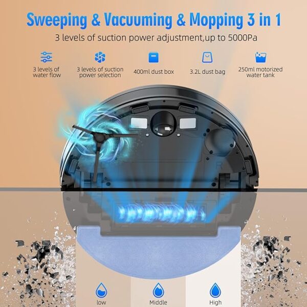 3-in-1 Robot Vacuum and Mop Combo, Self Emptying Station for 60 Days, Robotic Vacuum Cleaner with LiDAR Navigation & Max Strong 5000Pa Suction, 2.4G WiFi/Alexa/App Control, Self-Charging Base - Image 6