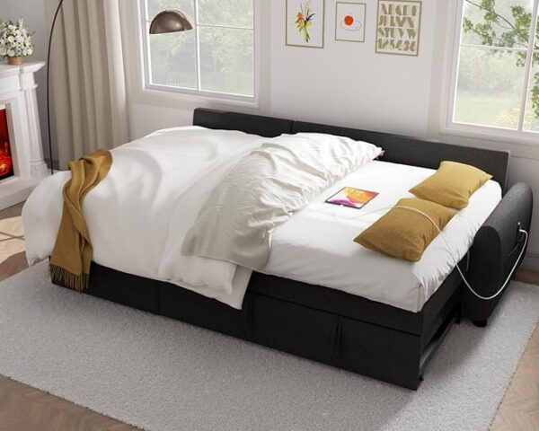 Ucloveria Sectional Sofa Couch, 87" Sleeper Sofa Bed with Reversible Storage Chaise Pull Out Couch for Living Room | Side Pocket | Charging Station | Removable Backrest | Linen Fabric, Black - Image 4