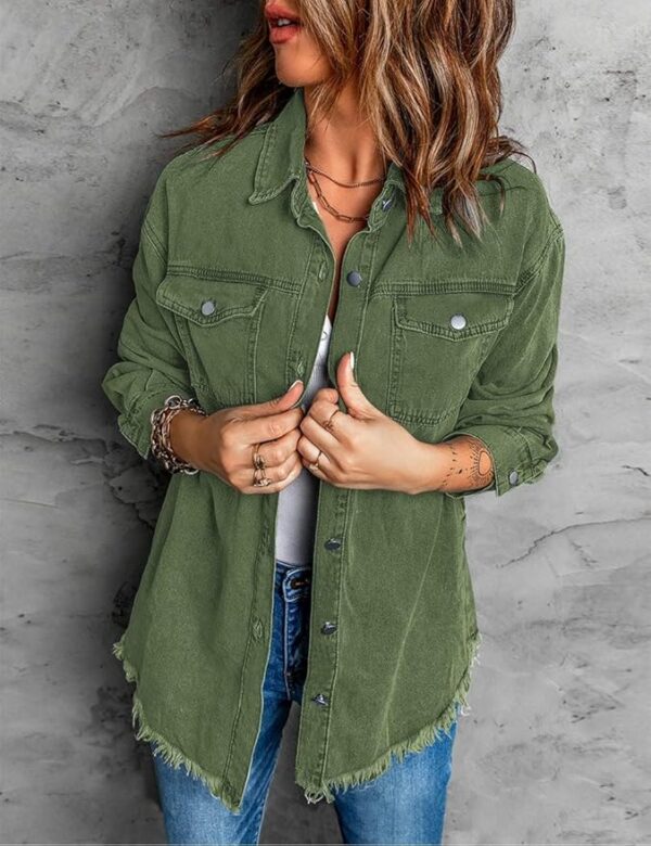 Vetinee Women’s Oversized Button Up Frayed Hem Shacket Long Sleeve Pockets Denim Jean Jacket - Image 2