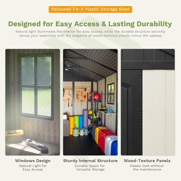 Patiowell 8 x 10 FT Resin Outdoor Storage Shed with Floor and Light, Large Plastic Shed with Lockable Door for Garden Tools, Backyard, Bike Storage, Easy Installation in Beige (Kick-it Shed) - Image 5