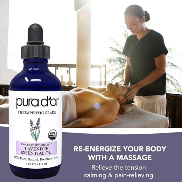 PURA D'OR Organic Lavender Essential Oil (4oz with Glass Dropper) 100% Pure & Natural Therapeutic Grade for Hair, Body, Skin, Aromatherapy Diffuser, Relaxation, Meditation, Massage, Home, DIY Soap - Image 3