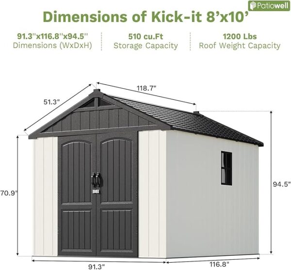 Patiowell 8 x 10 FT Resin Outdoor Storage Shed with Floor and Light, Large Plastic Shed with Lockable Door for Garden Tools, Backyard, Bike Storage, Easy Installation in Beige (Kick-it Shed) - Image 4