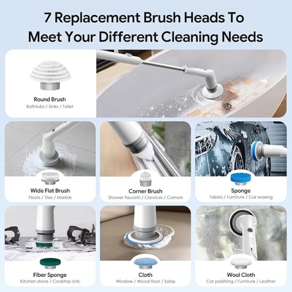 Electric Spin Scrubber,2024 New Cordless Cleaning Brush,Shower Cleaning Brush with 7 Replaceable Brush Heads, Power Scrubber 3 Adjustable Speeds,Detachable Long Handle & IPX7 Waterproof - Image 4