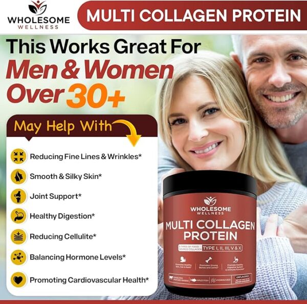 Multi Collagen Protein Powder Hydrolyzed (Type I II III V X) Grass-Fed All-in-One Super Bone Broth + Collagen Peptides - Premium Blend of Beef, Chicken, Wild Fish, Eggshell, 58 Servings, Unflavoured - Image 4