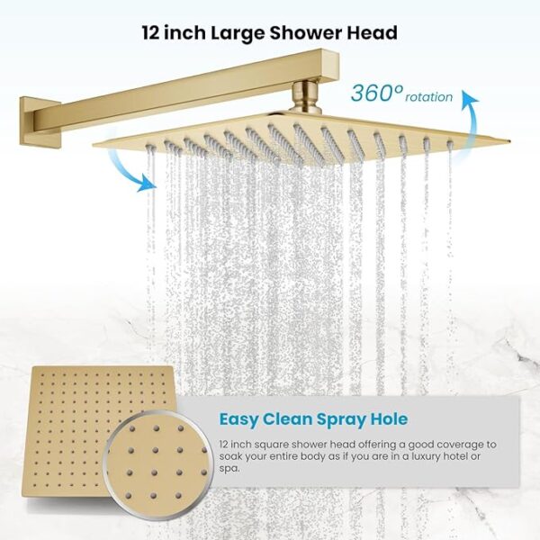 gotonovo Rainfall Bathroom Shower System Rain Shower Head and Handle Set Wall Mounted Shower Complete Combo Solid Brass Pressure Balancing Shower Mixer Valve 12 Inch Brushed Gold - Image 4