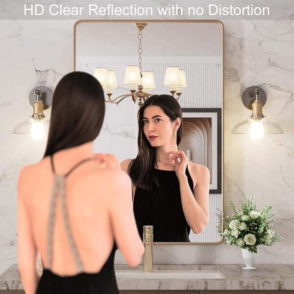 LOAAO 24”X36” Gold Bathroom Mirror, Rounded Rectangle Gold Frame Mirror, Brushed Gold Bathroom Vanity Mirror Wall-Mounted, Anti-Rust, Tempered Glass, Hangs Horizontally or Vertically - Image 6