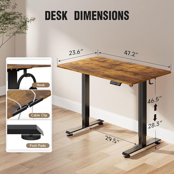 Veken Standing Desk Electric 47.2 Inch, Height Adjustable Sit Stand Up, Cable Clip, Wood Desktop, Work Home Office Computer PC Table, Writing Study Rising Desks, Brown - Image 3